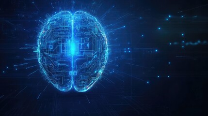 A glowing blue digital brain with intricate circuit board patterns is surrounded by light streaks and dots on a dark background.
