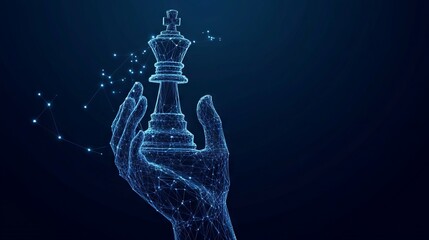 Abstract 3d hand holding chess piece queen isolated in dark blue background. Low poly mesh wireframe consisting of connected dots, lines and triangles. Digital vector image of chess game concept