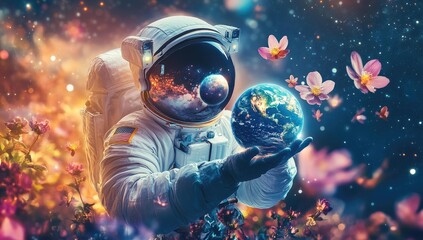Astronaut holding Earth amidst pink flowers and stars.