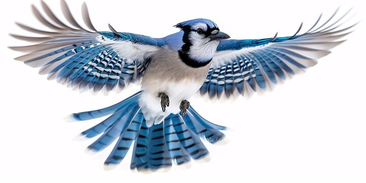 The blue jay is a corvid passerine bird found in eastern North America, depicted in flight with spread wings and feathers against a white backdrop.