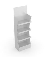 Blank Advertising Corrugated Supermarket Retail Promotion Cardboard Display Shelf. 3d Render Illustration.