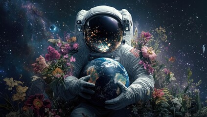 Fototapeta premium Astronaut holds Earth in space with flowers.