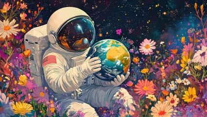Astronaut holding Earth surrounded by flowers.