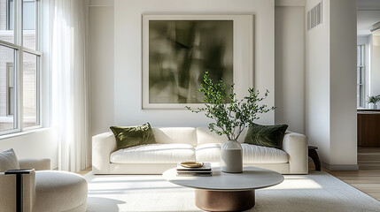 A modern living room with white walls