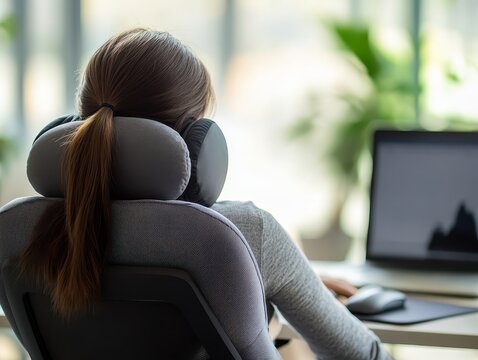 Employee using a neck massager and lumbar support pillow in an ergonomic chair, symbolizing selfcare and therapy for office syndrome, office therapy, ergonomic health