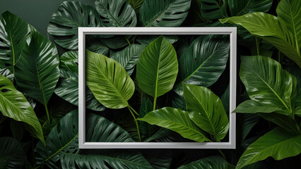Tropical Leaves with White Frame. Abstract Green Foliage on a Natural Background for a Fresh Design.