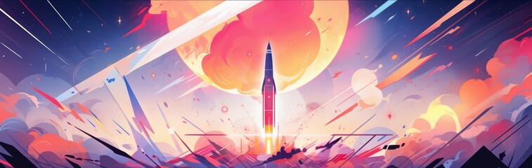 Stylized Rocket Launch Illustration: A Geometric Spectrum of Colors on an Abstract Background Evoking Innovation and Exploration