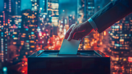 The United States presidential election in 2024. A hand dropping a ballot into a ballot box against the background of a large city, an idea of a person voting during an election.