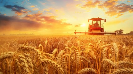 Fototapeta premium At sundown, a reaper gathers mature grain in a wheat farm.
