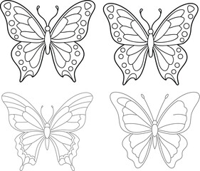 Nice Butterfly outline or line art illustration package of four butterflies, wings spread in symmetrical patterns, drawn with light and intricate lines on a white background.