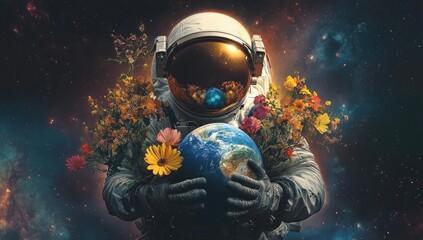 Fototapeta premium Astronaut holding Earth with flowers in space.