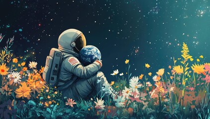 Astronaut holding Earth among flowers in space.