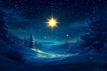 Naklejka premium A bright star shines over a snow-covered landscape at night