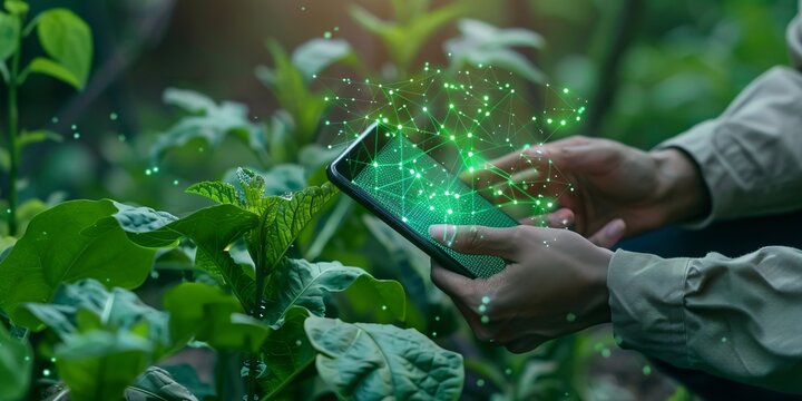 Tech-savvy farmer using mobile device, digital farming concept with AI for efficient agricultural management and production.