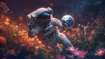 Astronaut in a field of flowers holding Earth.