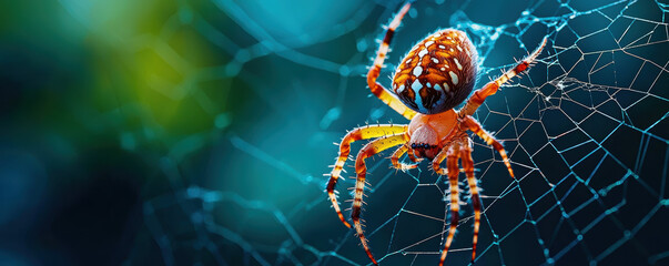 Close-up of a colorful spider on its intricate web against a vibrant blurred background, capturing the beauty of nature's small wonders.