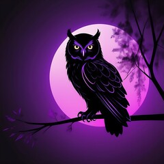 Silhouette owl on branch against purple moon, ideal for designs related to nature, wildlife, night scenes, or Halloween themes.