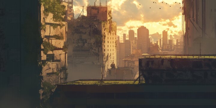 Apocalyptic Urban Skyline: Fragmented Cityscape in Abstract 3D Render. Futuristic Dystopian Metropolis Concept for Creative Marketing and Advertising. AI-Generated Design for UI, Web, and Poster Backg
