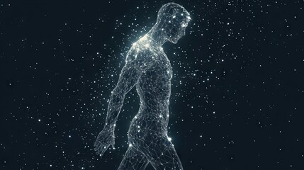 Human body low poly wireframe. Vector polygonal image in the form of a starry sky or space, consisting of points, lines, and shapes in the form of stars with destruct shapes