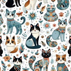 Cute Cartoon Cats Seamless Pattern, White Background