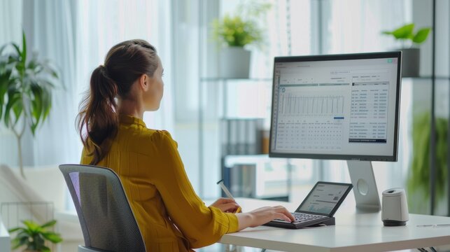 The woman at the workstation.