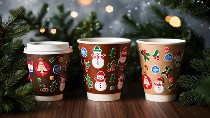 Hot drinks in Christmas decorated takeaway cups. cups are arranged on a wooden surface, surrounded by Christmas tree branches and lights. Christmas cozy decorations with bokeh lights - Powered by Adobe