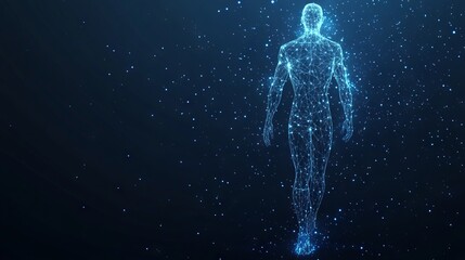 Human body low poly wireframe. Vector polygonal image in the form of a starry sky or space, consisting of points, lines, and shapes in the form of stars with destruct shapes