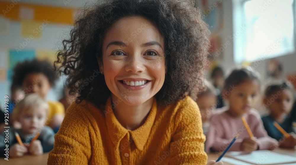 Poster a happy teacher smiles broadly as her students focus on their activities, creating a warm and inviti