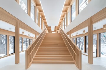 Obraz premium A modern wooden staircase illuminated by large windows, showcasing minimalistic design and natural light in a contemporary space.