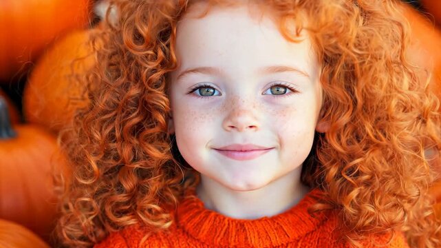 A young girl with bright red curly hair, wearing an orange sweater, smiles sweetly while surrounded by pumpkins. Autumn portrait.