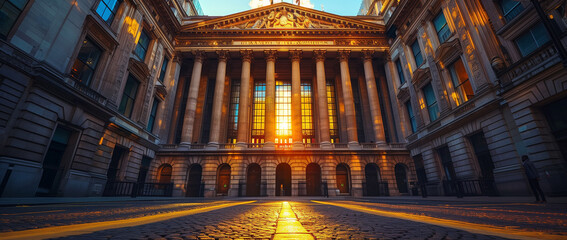 Obraz premium Sunlight streaming through grand columns of historic building with ornate facade at sunset. Concepts of architecture, heritage, and urban exploration.