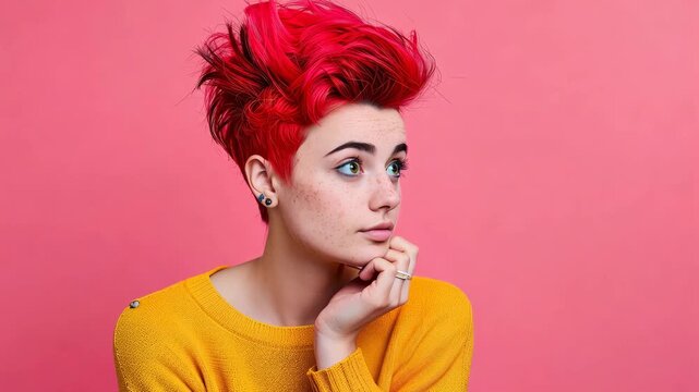 A young woman with bright red hair styled in a pixie cut, wearing a yellow sweater, looks thoughtfully to the side against a pink background.