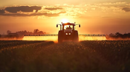 Naklejka premium A tractor drives through a field at sunset, spraying a mist of liquid on the crops.