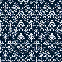 Beautiful Blue, White Seamless Christmas Snowflakes. Seamless Minimalist Snowflakes on Dark Blue Background. Tile Background for Packaging, Fabric, Textile, Decor, Wrap, Invitation Card and Fashion