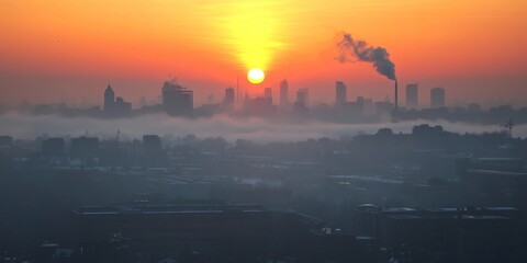 Fototapeta premium Ethereal Urban Dawn: Misty Cityscape Silhouette at Sunrise. Abstract Skyline Shrouded in Fog for Creative Marketing and Advertising. AI-Generated Atmospheric Design for UI, Web, and Poster Backgrounds