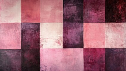 Abstract painting of pink and purple squares.