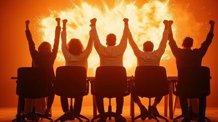 Naklejka premium A team celebrates victory with raised hands against a backdrop of explosive colors and dynamic energy, showcasing triumph and collaboration.