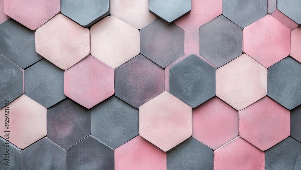 Wall mural pink and grey hexagonal tiles pattern.