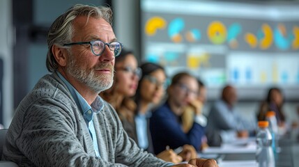 Adults focused during a professional seminar with data visualization