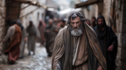 Apostle Peter with a serious expression walking through an ancient stone alley in Galilee in historical attire. Concepts of history, timelessness, culture, and traditional clothing.