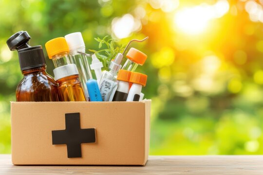 A vibrant first aid box filled with medical supplies, showcasing health care essentials in a beautiful outdoor setting.