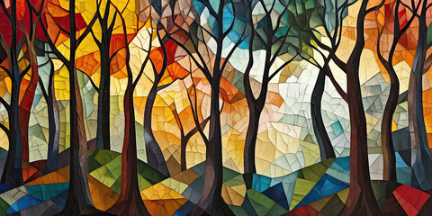 Forest background illustration art, artistic woodland abstract style, nature cubism Impressionism artwork woods tree patterns, generated ai