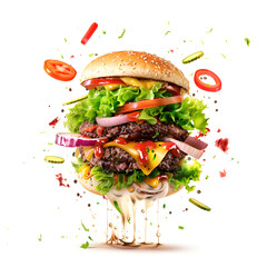 Burger isolate on white background. Delicious hamburger with flying ingredients isolated on white background. Tasty burger food with many different ingredients flying on white background. 