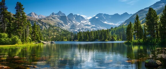 A tranquil lake with crystal-clear water reflects the majestic snow-capped mountain range and lush pine forest under a bright blue sky.