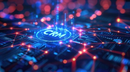 Obraz premium Futuristic CRM interface with glowing network connections on a digital screen. Concepts of technology, customer relationship management, and data integration.