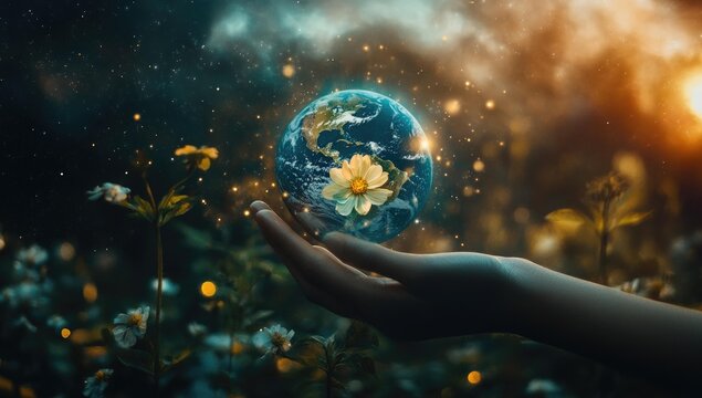 Hand holding Earth with flower, glowing background.