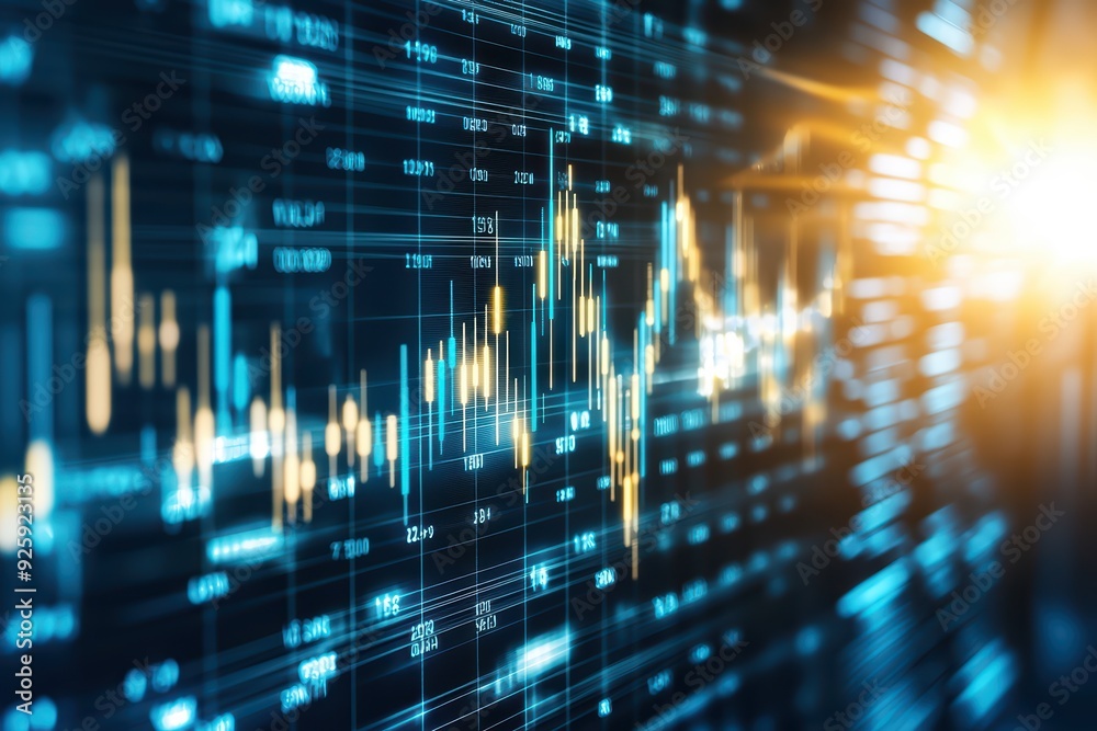 Poster abstract representation of digital data visualization with vibrant colors and shining light, symboli