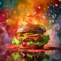 Spinning burger against a background of abstract color splashes. Exploding cheeseburger sandwich. Tasty burger food with many different ingredients flying on white background. Burger isolate on white 