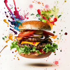 Burger isolate on white background. Delicious hamburger with flying ingredients isolated on white background. Tasty burger food with many different ingredients flying on white background. 