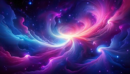 An abstract, cosmic background resembling a glowing nebula with swirling clouds of purple, blue, and pink, set against a deep, starry space
